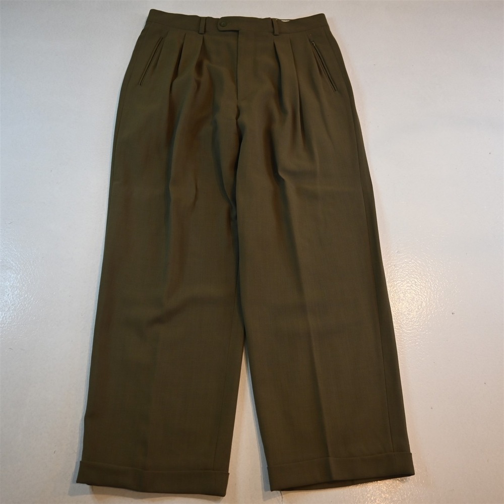 Vtg France Made Bernard Zins 32x30 Green Wool Pleated Cuffed High Waist Pants
